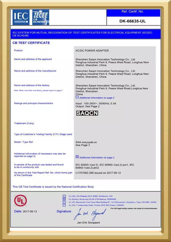 UL - DK-66635-SAQCN Power Adapter Certification CB by UL-3-18