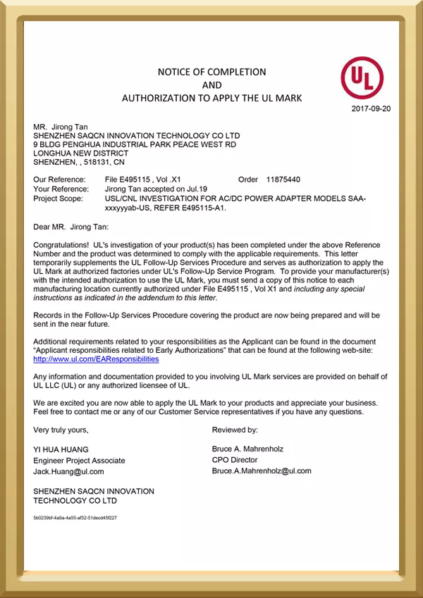 UL Letter of Authorization - E495115 - SAQCN Power Adapter Certification-3-18
