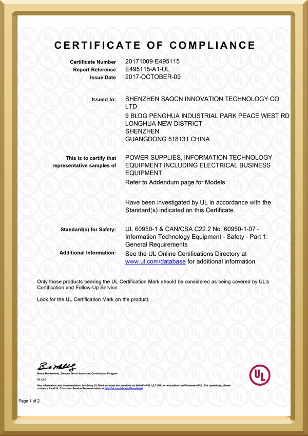 SAQCN-UL Certificate of Compliance