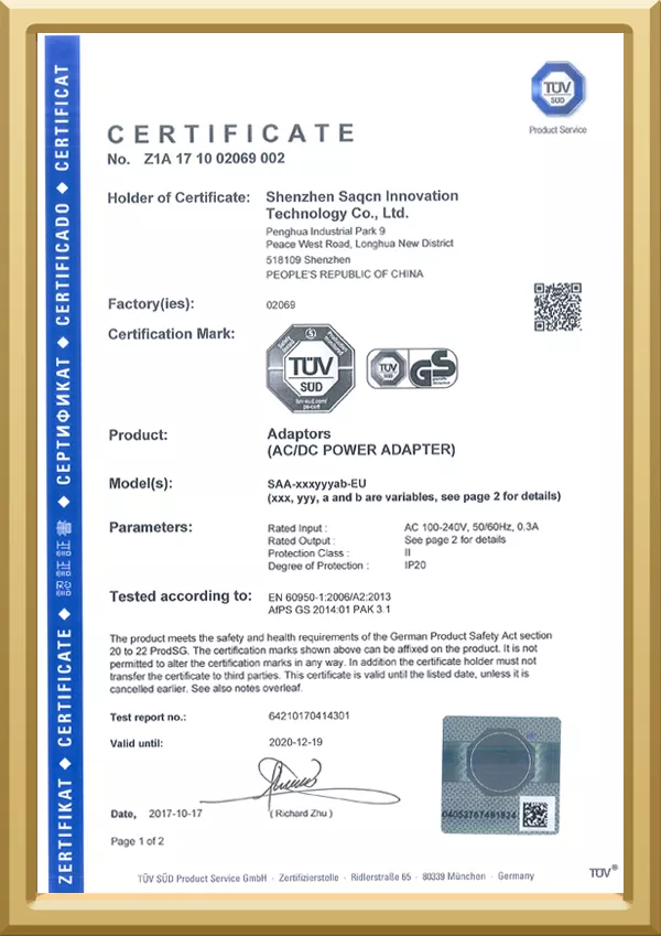 TUV - Z1A171002069002 - SAQCN Power Adapter Certification TUV-GS-3-18