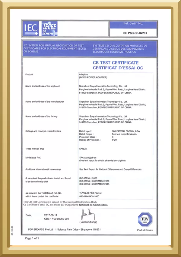 CB - SG PSB-OF-02281 - SAQCN Power Adapter Certification CB by TUV-3-18